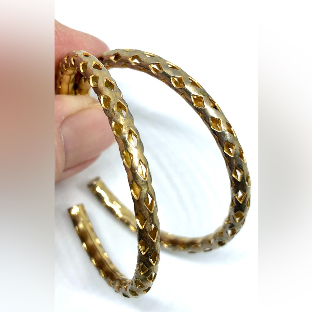 Vintage Diamond Pattern Lattice Openwork Gold Tone Post Hoops Hoop Earrings 2”